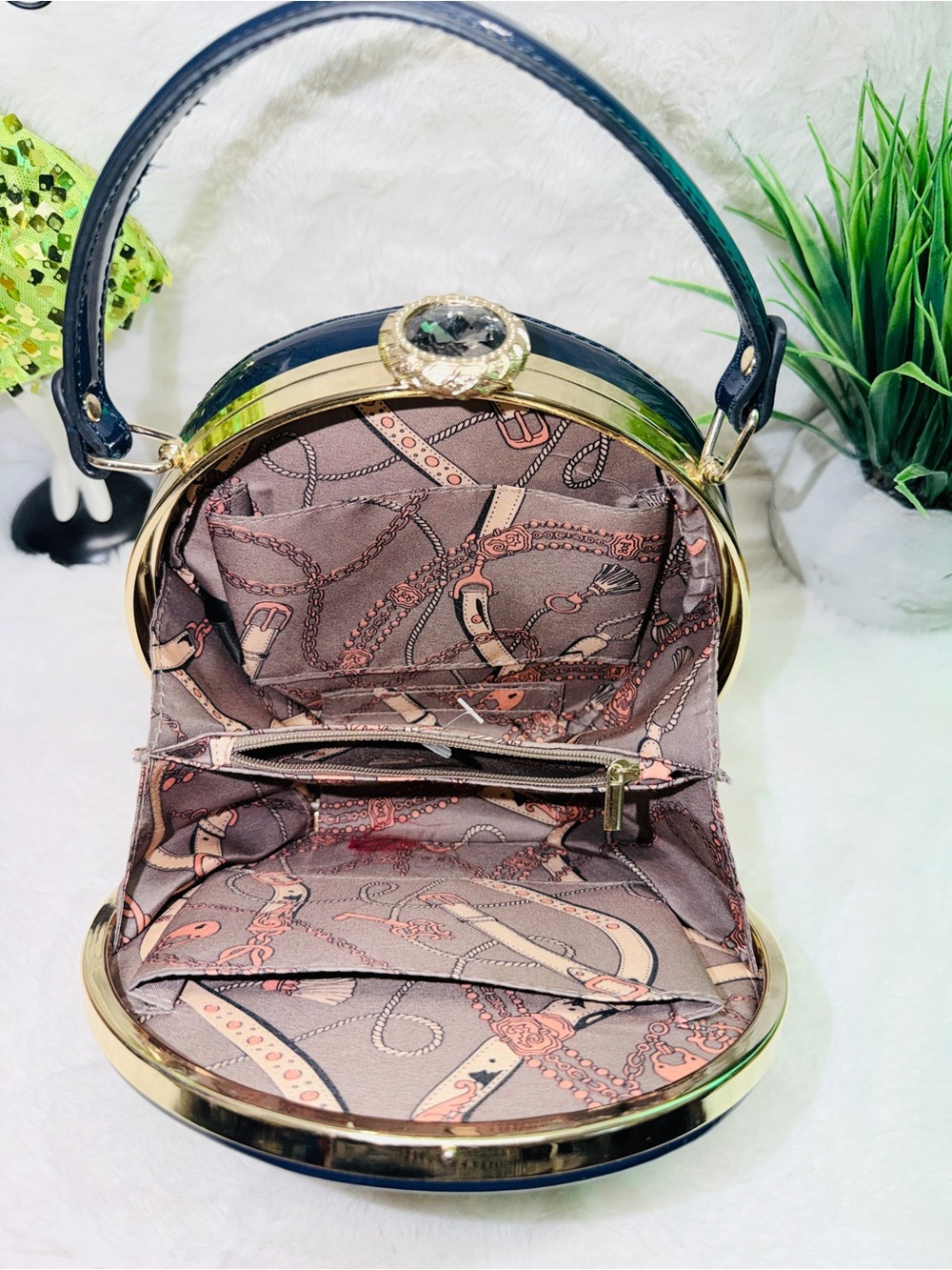 Stunning Navy Patent Round Top-Handle Bag w/ Giant Rhinstone & Paisley Interior - Picture 3 of 6